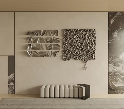 Modern Interior Wall Decor With Geometric Metal Panels And Textured Art Pieces 3d model