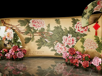 Traditional Art Installation Featuring Peony Flowers Scroll Background Decorative Fans And Red Ornaments 3d model