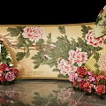 Traditional Art Installation Featuring Peony Flowers Scroll Background Decorative Fans And Red Ornaments