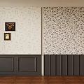 Light And Dark Patterned Wallpaper Wall With Small Framed Artworks Dark Paneling And Wooden Floor