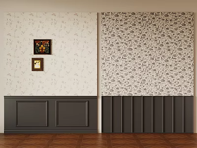 Light And Dark Patterned Wallpaper Wall With Small Framed Artworks Dark Paneling And Wooden Floor 3d model