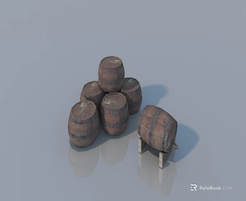 Rustic Wooden Barrels Stacked Arrangement With Single Barrel On Stand 3d model 