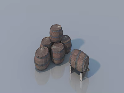 Rustic Wooden Barrels Stacked Arrangement With Single Barrel On Stand 3d model