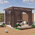 Wooden Garden Pavilion With Arched Lattice Design On Wooden Deck And Greenery