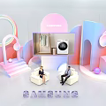 Samsung Live Stream Showcasing Home Appliances With Modern Geometric Decor And Hosts On Sofa