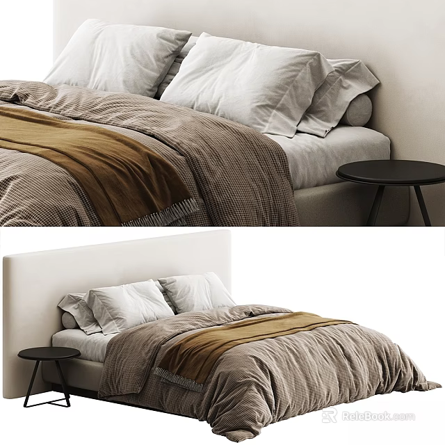 Modern Double Bed Interior With White Pillows And Brown Blanket 3d model 