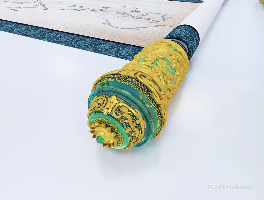 Ancient Scroll With Intricate Golden Green Decorations And Elaborate Dragon Patterns 3d model 