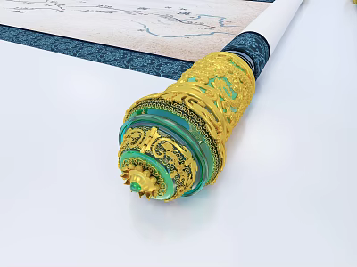 Ancient Scroll With Intricate Golden Green Decorations And Elaborate Dragon Patterns 3d model