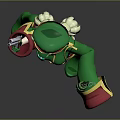 Game Movie Character With Blonde Hair In Green Red Outfit Holding Horn And Boots