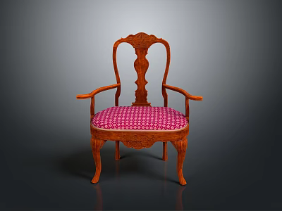 Classic Wooden Armchair With Pink Checkered Upholstered Seat And Carved Details 3d model