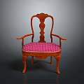 Classic Wooden Armchair With Pink Checkered Upholstered Seat And Carved Details