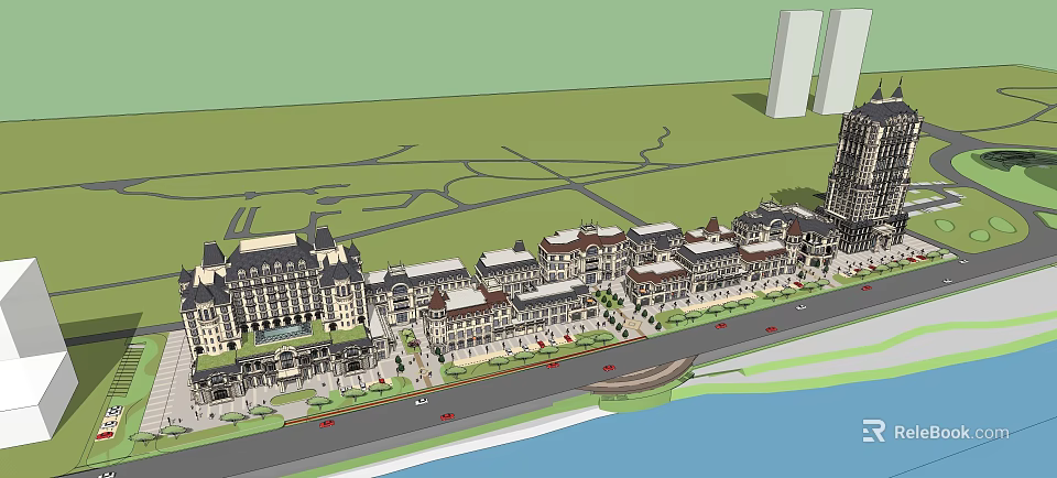 Classic European Commercial Street With Row Buildings And Waterfront View 3d model 