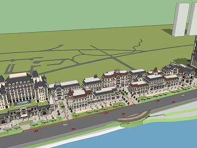 Classic European Commercial Street With Row Buildings And Waterfront View 3d model