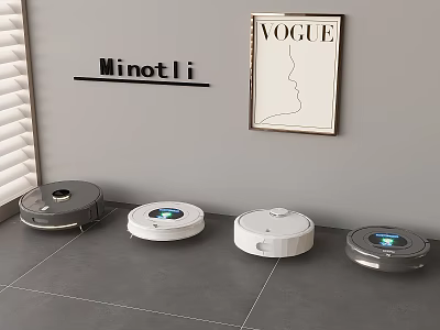 Four Different Robot Vacuums On Modern Floor With Minotli Sign And Vogue Poster 3d model