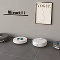 Four Different Robot Vacuums On Modern Floor With Minotli Sign And Vogue Poster
