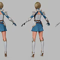Woman In Blue And White Armor Gold Accents Short Skirt Long Boots Three Angles View 3d model
