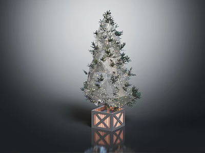 Ornamental Christmas Tree Decorated With White Lights On Square Geometric Base 3d model