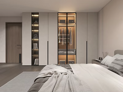 Modern Contemporary Wardrobe Bedroom Interior With Glass Doors Hanging Clothes And Storage Shelves 3d model