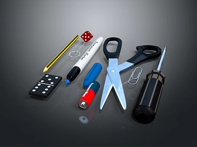 Collection of Various Stationery Tools Including Scissors Dominoes Pencil Dice Marker Lighter Paperclip and Screwdriver 3d model