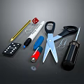 Collection of Various Stationery Tools Including Scissors Dominoes Pencil Dice Marker Lighter Paperclip and Screwdriver