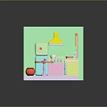 Colorful Kitchen Scene With Refrigerator Stove Sink Table Curtains And Trash Bin