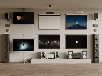 Projection Monitoring System Setup With Multiple Screens And Audio Equipment In Room 3d model