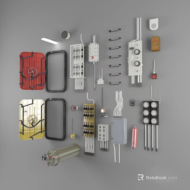 Mechanical Industrial Equipment Components With Control Panels Cables Gauges And Enclosures 3d model 