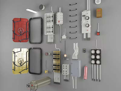 Mechanical Industrial Equipment Components With Control Panels Cables Gauges And Enclosures 3d model