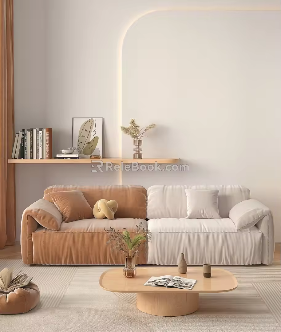 Modern double sofa cream sofa coffee table combination 3d model