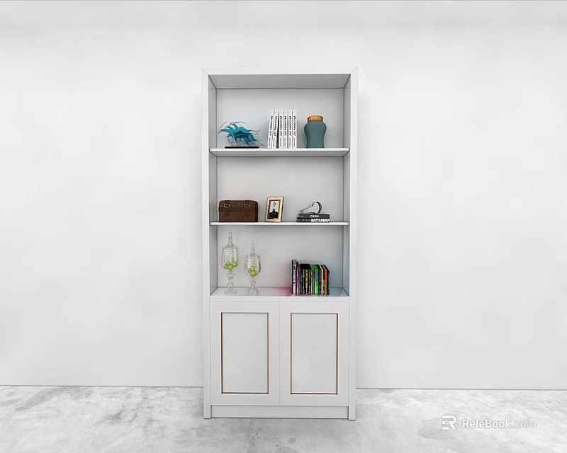 White Wall Cabinet With Multiple Shelves And Decorative Items Books Wine Glasses 3d model 