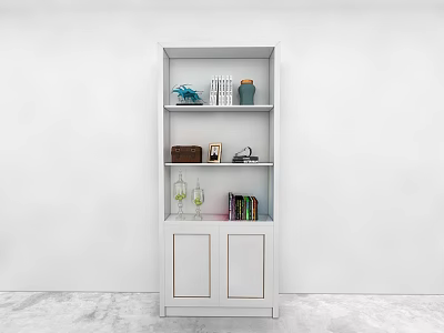 White Wall Cabinet With Multiple Shelves And Decorative Items Books Wine Glasses 3d model