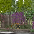 Wooden Pergola Design With Lush Green Trees Purple Flowers And Pink Blooms