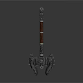 Ornate Metal Warhammer With Wooden Handle Intricate Patterns And Decorative Rivets