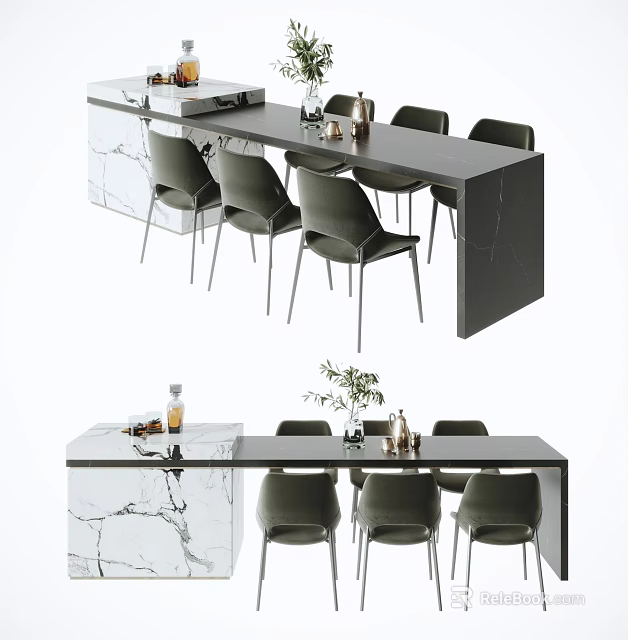 Elegant Modern Dining Table Set With Marble Top Black Chairs And Decorative Plants 3d model 
