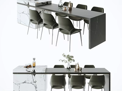 Elegant Modern Dining Table Set With Marble Top Black Chairs And Decorative Plants 3d model