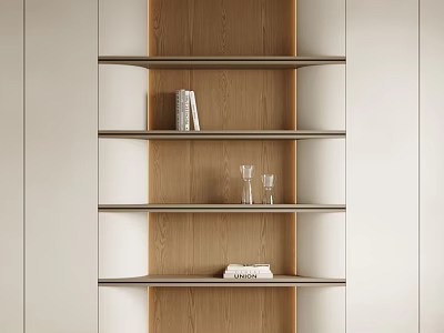 Modern Wooden Shelving Unit With Multiple Shelves Displaying Books And Glassware 3d model