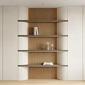Modern Wooden Shelving Unit With Multiple Shelves Displaying Books And Glassware