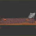 Wooden Bed with Carved Headboard Footboard Pink Mattress Floral Pattern and White Checkered Pillows