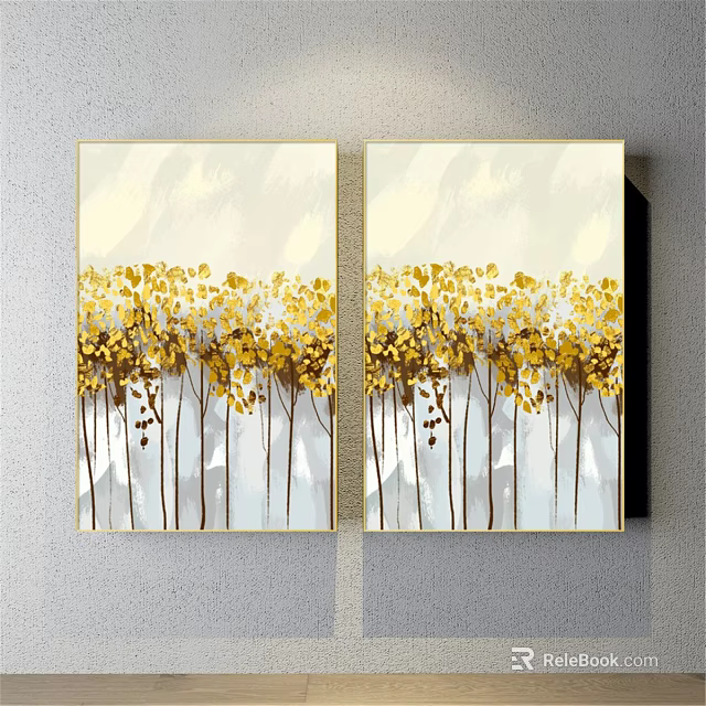 Two Modern Decorative Paintings With Golden Tree Design And Light Background 3d model