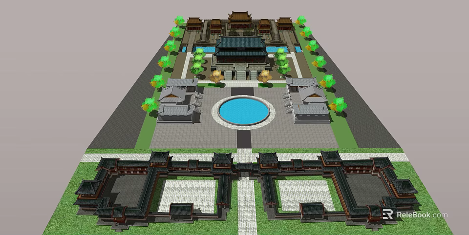 Traditional Chinese Ancient Architecture Courtyard With Central Blue Pond And Surrounding Trees 3d model 