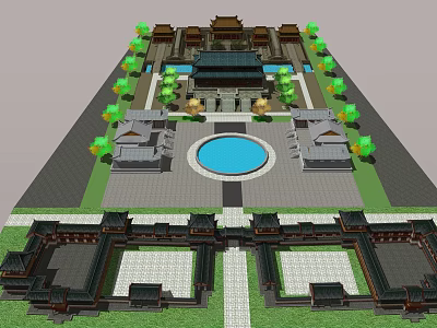 Traditional Chinese Ancient Architecture Courtyard With Central Blue Pond And Surrounding Trees 3d model