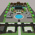 Traditional Chinese Ancient Architecture Courtyard With Central Blue Pond And Surrounding Trees