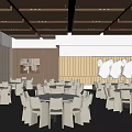 Elegant Banquet Hall Interior With Round Tables White Chairs And Ceiling Lighting
