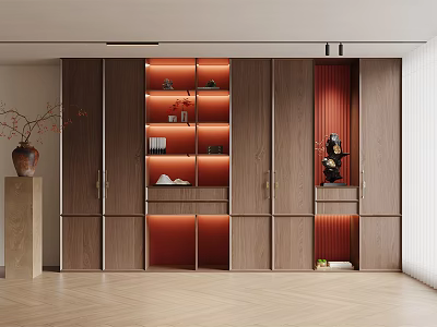 Modern Minimalist Entryway Cabinet And Side Cabinet With Wooden Design Warm Lighting And Decorative Items 3d model