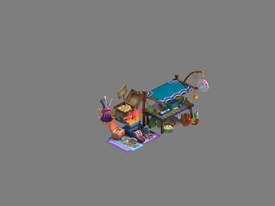 Ancient Architecture Themed Street Stall Featuring Blue Awning Hanging Lanterns And Decorations 3d model