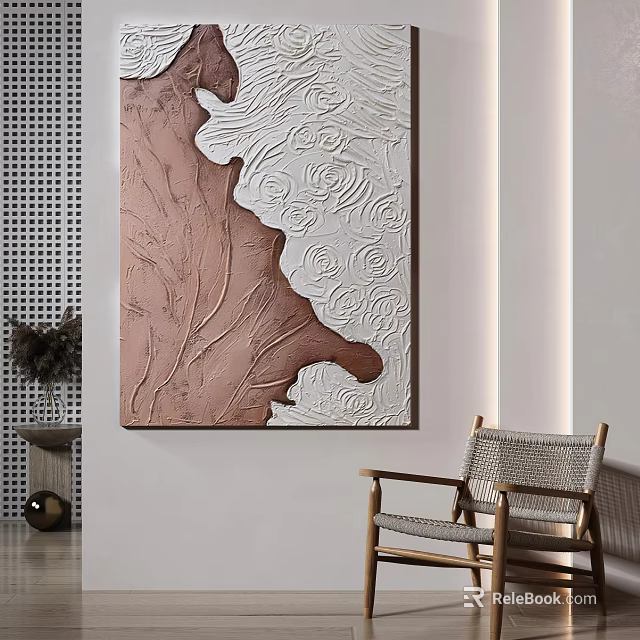 Modern Interior Featuring Brown White Textured Artwork And Rattan Chair 3d model