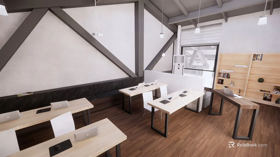 Modern Public Office Space With Wooden Desks White Chairs And Open Layout 3d model 