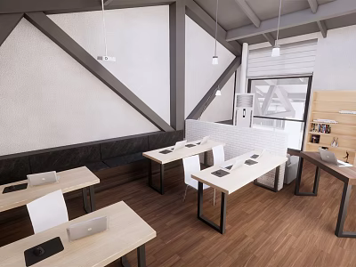Modern Public Office Space With Wooden Desks White Chairs And Open Layout 3d model