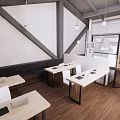Modern Public Office Space With Wooden Desks White Chairs And Open Layout