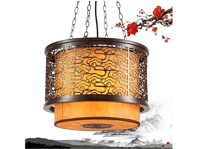 Traditional Chinese Style Chandelier with Intricate Carvings Warm Yellow Shade and Plum Blossom Landscape Accents 3d model